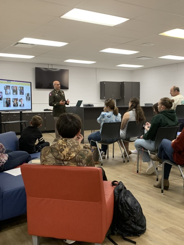A West Point representative speaks to Patriot students in Patriot Point at Wheeling Park High School