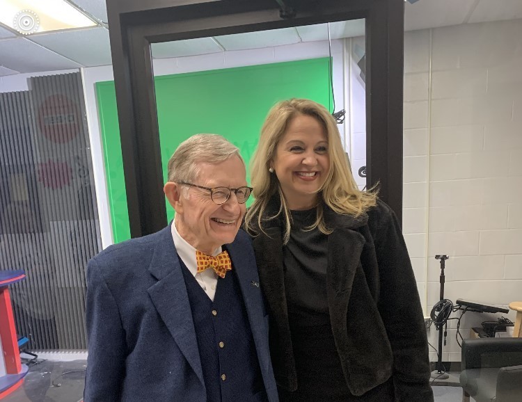 Ohio County Schools Superintendent Kimberly Miller is shown with West Virginia University President Gordon Gee during his recent visit to Wheeling Park High School.