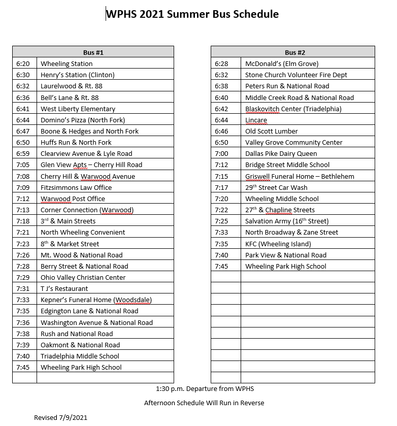 Wheeling Park High School Bus Schedule